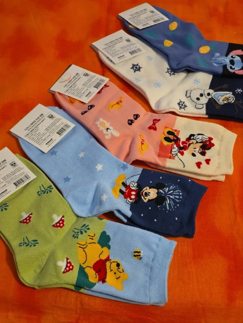 Disney Character Crew Socks Pack Of 5 Mickey, Minnie, Olaf, Pooh & Stitch NEW
